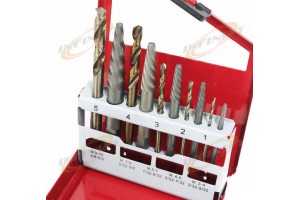 RIGHT HAND 10 PC STEEL SCREW EXTRACTOR DRILL BITS W/ METAL BOX